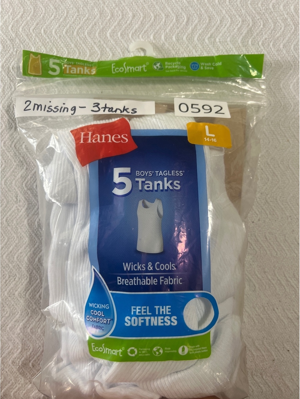 Hanes Boys' Tagless 3-Pack White Tank Tops Size Large
